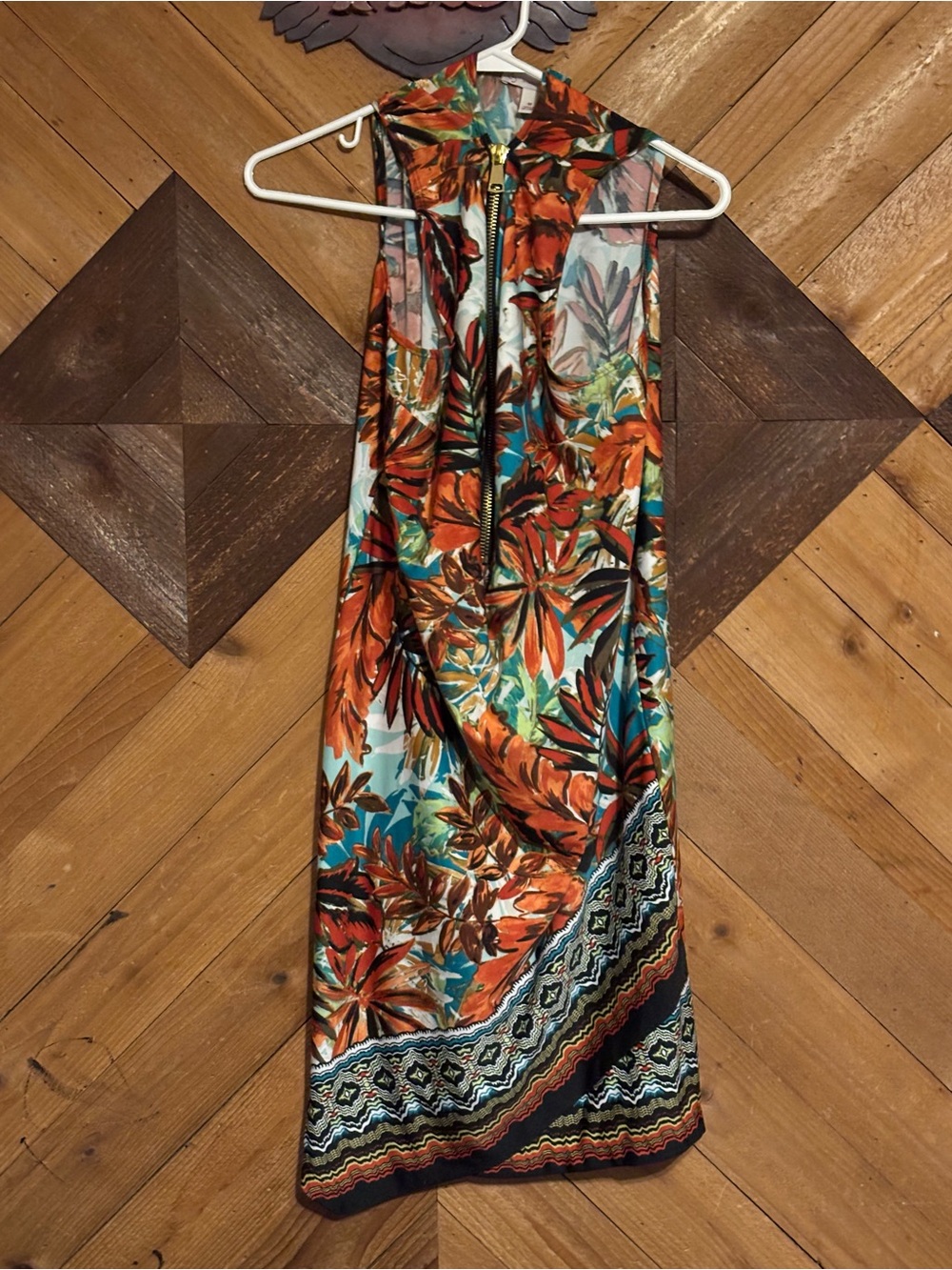 Tropical Floral Halter Mini Dress in Orange & Teal